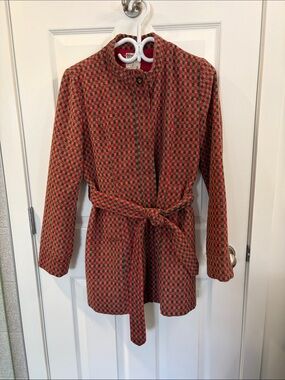 Tulle Red and Brown Checked Belted Fall Pea Coat